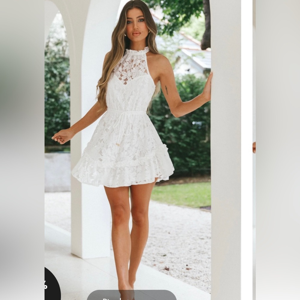SELFIE LESLIE
EVER AFTER HALTERNECK ELASTICATED WAIST LACE MINI DRESS WHITE